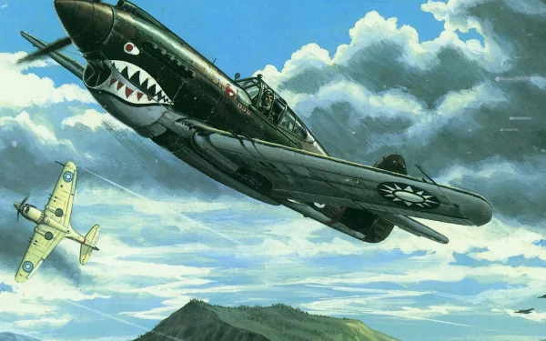 HD PC desktop wallpaper background: a military aircraft with shark-mouth nose art banking over mountains beneath dramatic clouds.