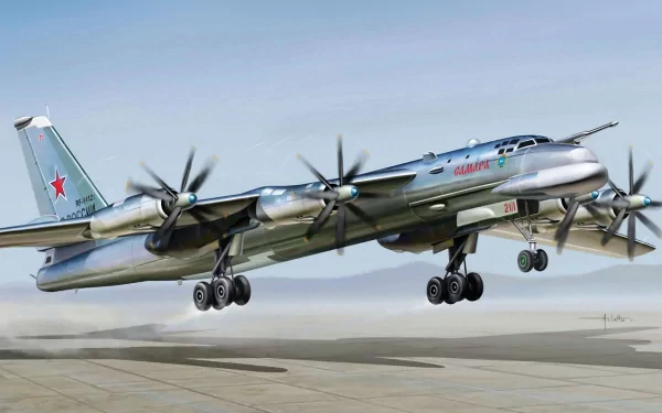 A Tupolev Tu-95 military aircraft takes off, showcasing its distinctive design and powerful engines. This HD wallpaper adds a striking touch to any desktop background.