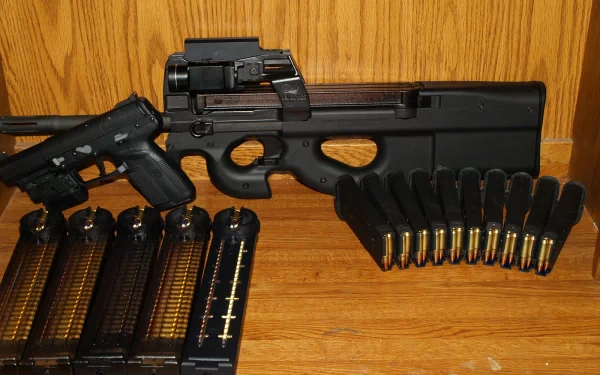 A high-definition desktop wallpaper featuring a FN P90 alongside a semi-automatic pistol and several magazines, set against a wooden background.