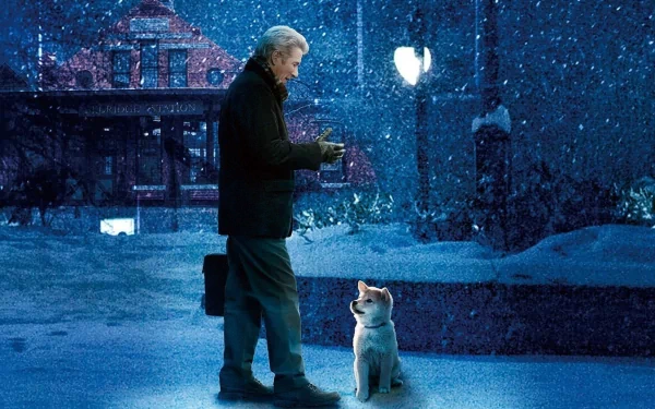 Richard Gere stands in snow, holding a gift, while a Shiba Inu dog gazes up at him in a heartfelt moment from the movie Hachi: A Dog's Tale. A serene winter background adds to the scene.