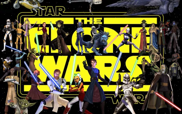 A dynamic HD desktop wallpaper featuring characters from Star Wars: The Clone Wars (2008), displaying iconic Jedi and Sith, set against a vibrant, action-packed background.