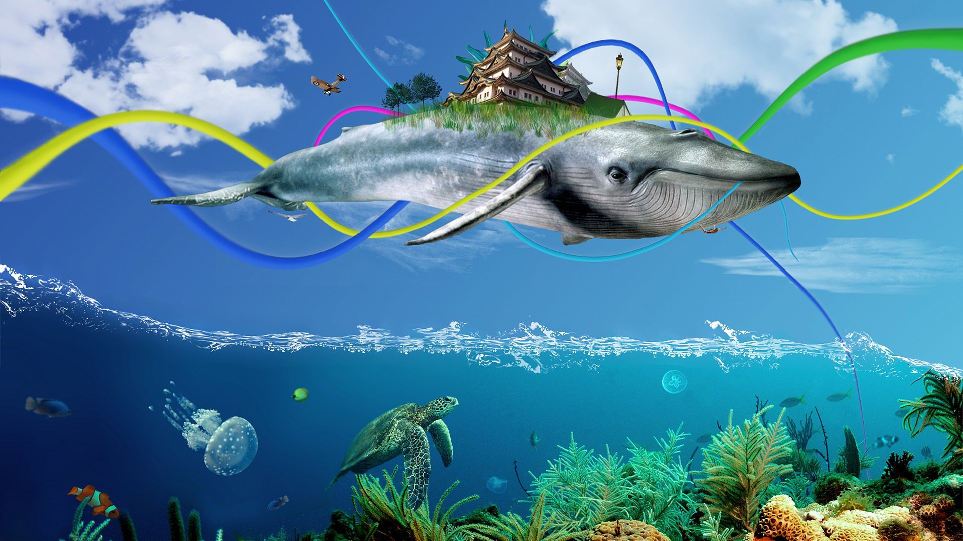 Fantasy-themed HD PC desktop wallpaper depicting a giant whale carrying a floating island with a house, surrounded by colorful ribbons, underwater sea life, and a bright sky.
