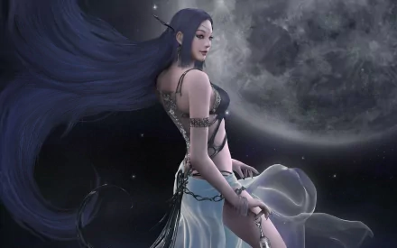 2K Quad HD PC desktop wallpaper: video game–style heroine with flowing dark hair and translucent gown, cradling a glowing orb beneath a moonlit sky — a study in light and darkness.