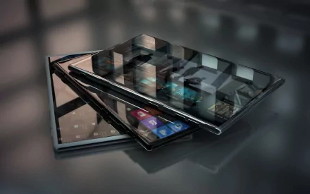 HD desktop wallpaper featuring stacked, sleek devices running Windows 8, with transparent tiles interface, on a reflective surface.