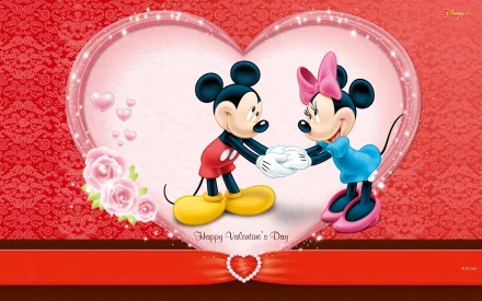 HD desktop wallpaper featuring Mickey Mouse and Minnie Mouse holding hands inside a heart frame, with flowers and hearts around them. Text reads Happy Valentine's Day against a red, love-themed background.