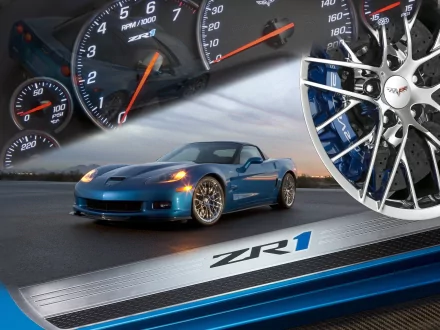 HD PC desktop wallpaper featuring a blue Chevrolet Corvette (C6) ZR1 on asphalt, with instrument cluster and alloy wheel close-ups in a dynamic cinematic composition.