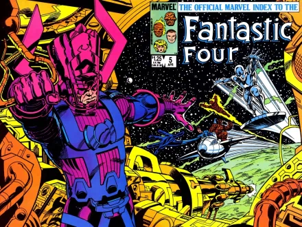 A vibrant HD wallpaper featuring the Fantastic Four—Susan Storm, Reed Richards, Johnny Storm, Ben Grimm—facing Galactus, showcasing action-packed comic art from Marvel.