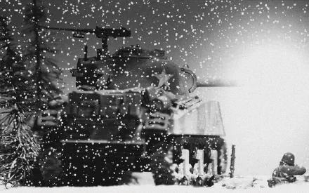 Black and white HD desktop wallpaper featuring an M4 Sherman tank in a snowy military scene with a soldier nearby.