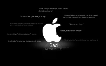 HD desktop wallpaper featuring Apple Inc. logo with quotes from Steve Jobs over a black background. The image reads iSad with the years 1955-2011, serving as a tribute to Steve Jobs.