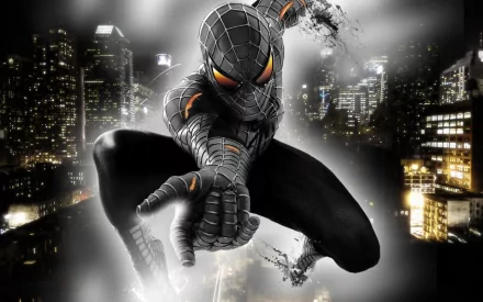 A dynamic HD wallpaper featuring Spider-Man in a sleek black suit, poised for action against a backdrop of a vibrant city skyline, inspired by *The Amazing Spider-Man* movie.