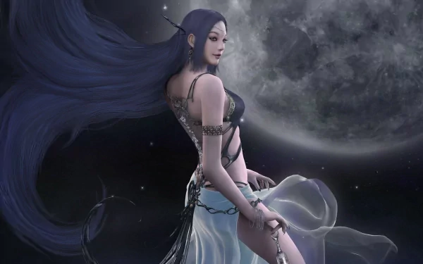 2K Quad HD PC desktop wallpaper: video game–style heroine with flowing dark hair and translucent gown, cradling a glowing orb beneath a moonlit sky — a study in light and darkness.