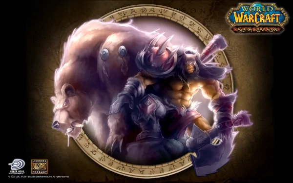 HD PC desktop wallpaper/background for World of Warcraft: Trading Card Game — armored warrior with massive axe beside a snarling bear in a decorative circular frame; WoW TCG logo.