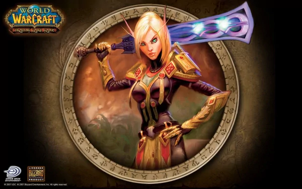 HD PC desktop wallpaper featuring a character from the World of Warcraft: Trading Card Game with a glowing weapon, set against a dark, mystical background.