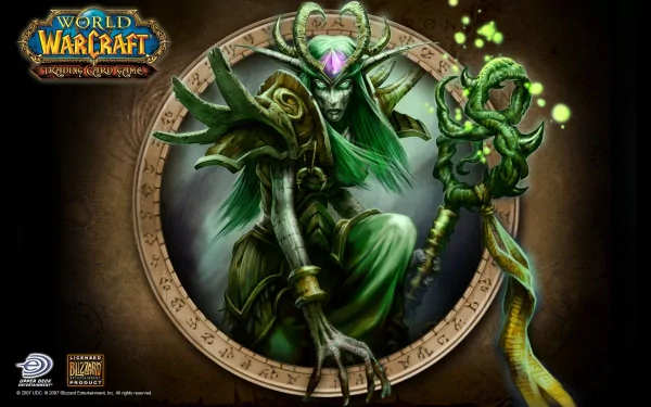 HD desktop wallpaper featuring a Night Elf druid from the World of Warcraft: Trading Card Game with a dark, mystical background and glowing green accents.