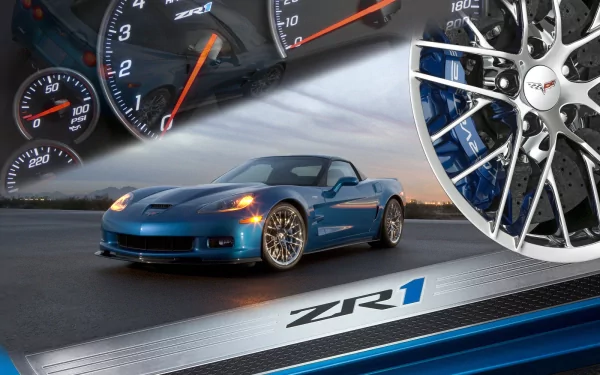 HD PC desktop wallpaper featuring a blue Chevrolet Corvette (C6) ZR1 on asphalt, with instrument cluster and alloy wheel close-ups in a dynamic cinematic composition.