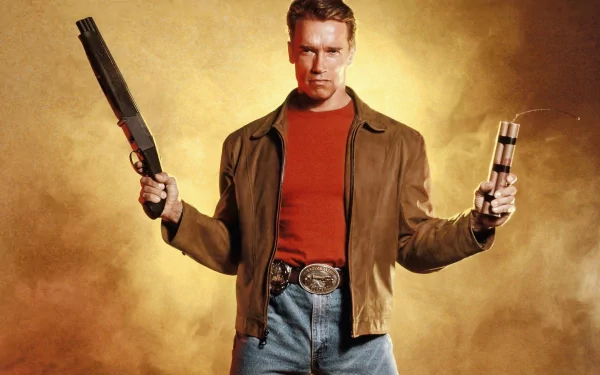 HD PC desktop wallpaper featuring celebrity Arnold Schwarzenegger holding a shotgun and a device, set against a smoky, golden background.