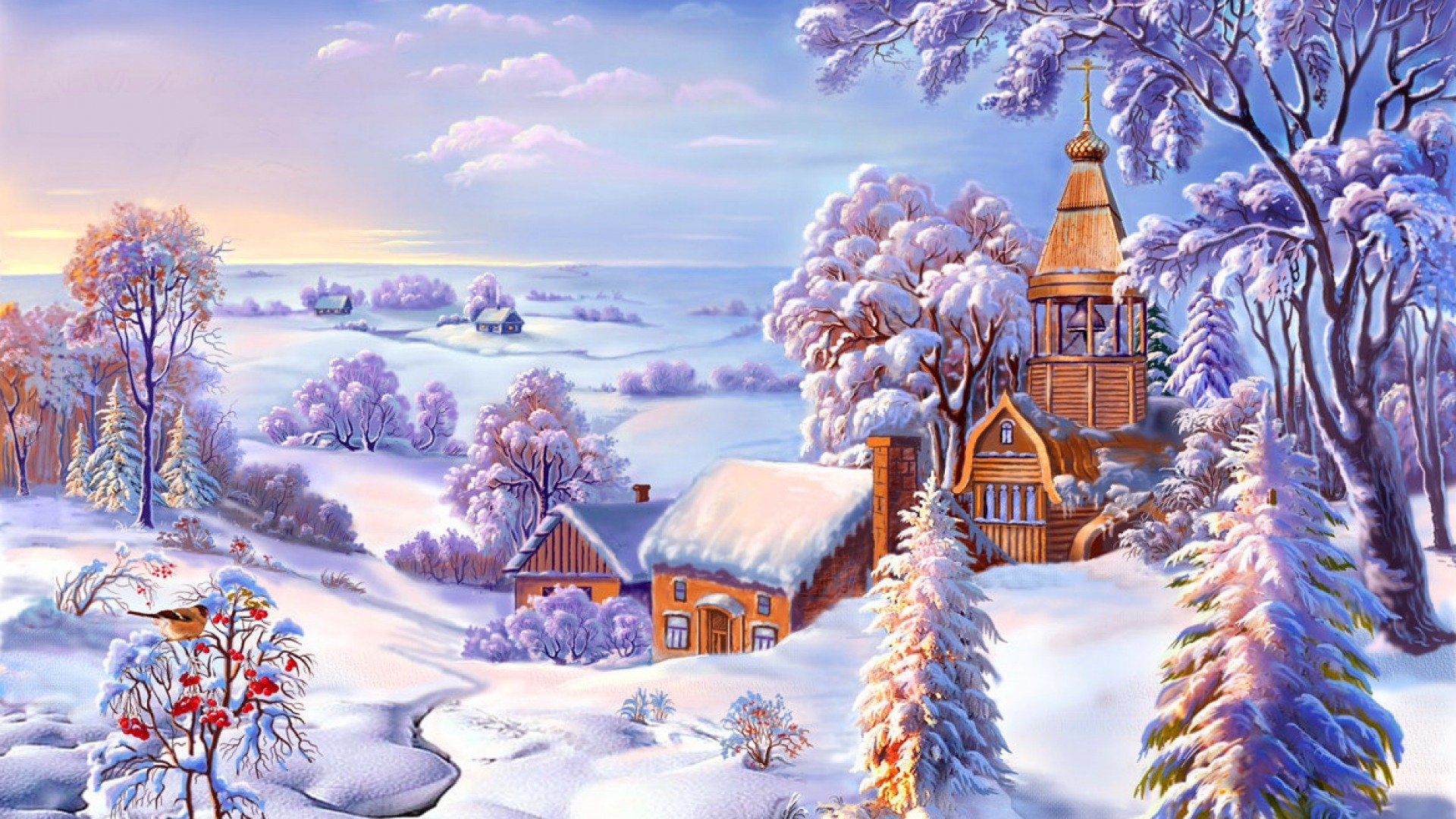 A serene winter landscape featuring a charming wooden cabin, snow-covered trees, and a gentle stream, illuminated by a soft sunrise—an artistic HD desktop wallpaper.