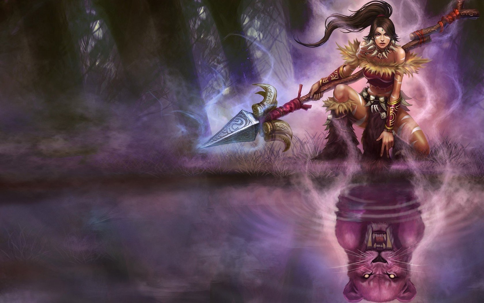 HD PC desktop wallpaper featuring Nidalee from League of Legends, showcasing her in a mystical forest setting with her spear and a shadowy reflection below.