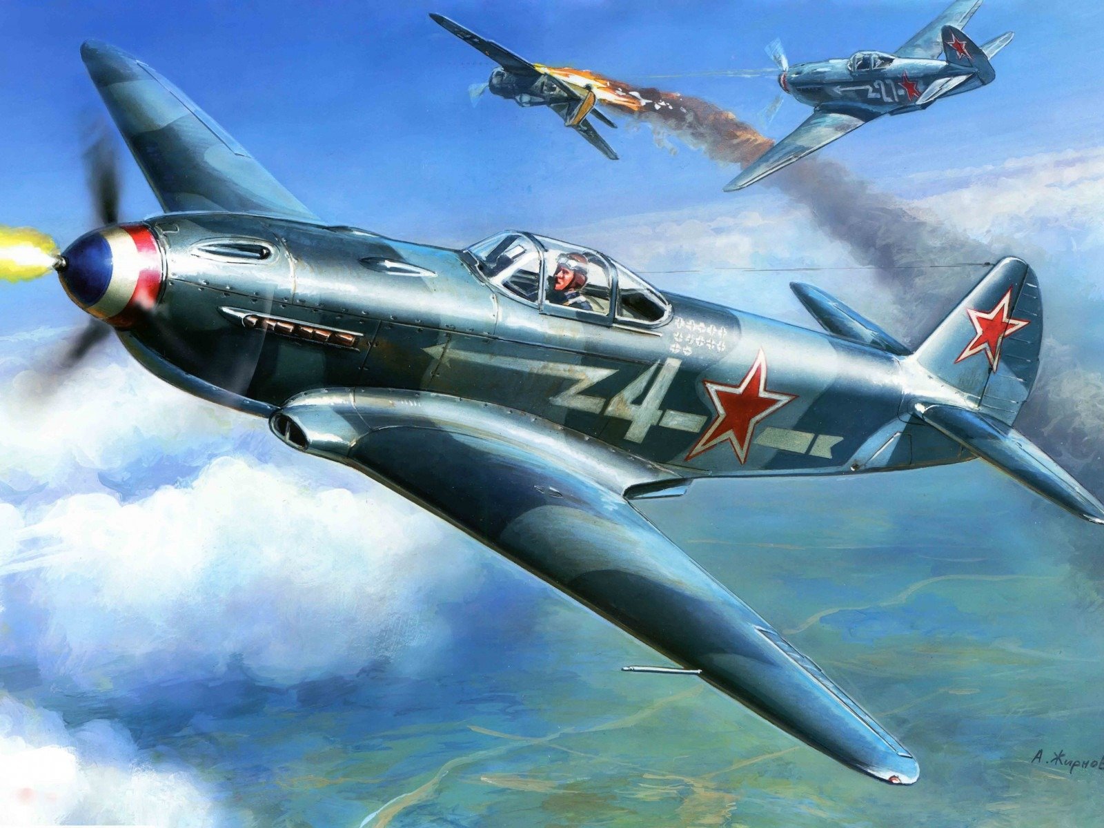 HD desktop wallpaper showing a detailed military aircraft with red star insignia flying through a cloudy sky, with another plane trailing smoke in the background.