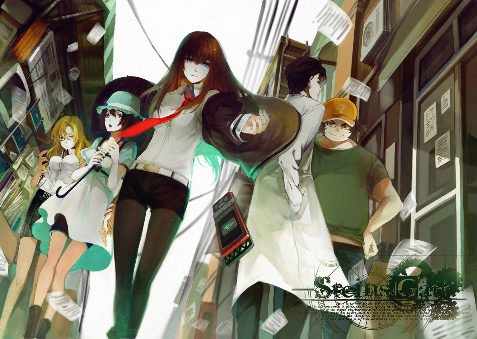 A vibrant HD wallpaper featuring Rintaro Okabe, Mayuri Shiina, and Kurisu Makise from the anime Steins;Gate, set against an urban backdrop filled with posters and intrigue.