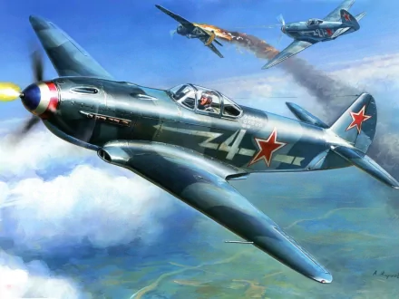 HD desktop wallpaper showing a detailed military aircraft with red star insignia flying through a cloudy sky, with another plane trailing smoke in the background.
