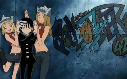 An HD wallpaper featuring Elizabeth and Patricia Thompson with Death the Kid from the anime *Soul Eater*, set against a vibrant graffiti-style background.