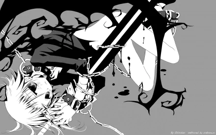 Crona from Soul Eater, depicted in a striking black and white design, featuring chains and dark elements, serves as a captivating HD desktop wallpaper.