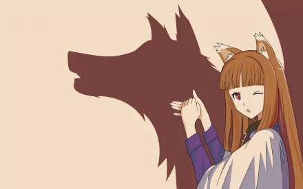 A brown-haired anime character with red eyes and wolf ears, reminiscent of Holo from Spice & Wolf, poses playfully against a shadow of a wolf in this HD wallpaper.