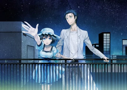 A vivid HD wallpaper featuring Mayuri Shiina and Rintaro Okabe from the anime Steins;Gate, set against a night skyline filled with stars.