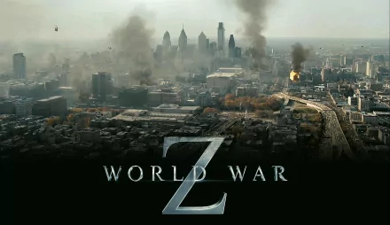 HD PC desktop wallpaper featuring a smoky, devastated cityscape from the movie World War Z with the title prominently displayed.