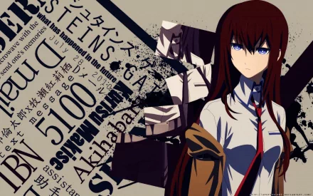 HD desktop wallpaper featuring Kurisu Makise from the anime Steins;Gate, showcasing her alongside various thematic elements related to the series.