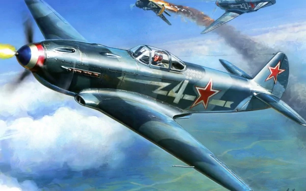 HD desktop wallpaper showing a detailed military aircraft with red star insignia flying through a cloudy sky, with another plane trailing smoke in the background.