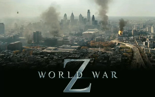 HD PC desktop wallpaper featuring a smoky, devastated cityscape from the movie World War Z with the title prominently displayed.