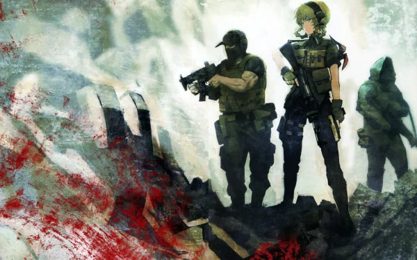 An HD desktop wallpaper from the anime Steins;Gate featuring a dramatic scene with armed characters against a rugged, painterly background with shades of red and green.