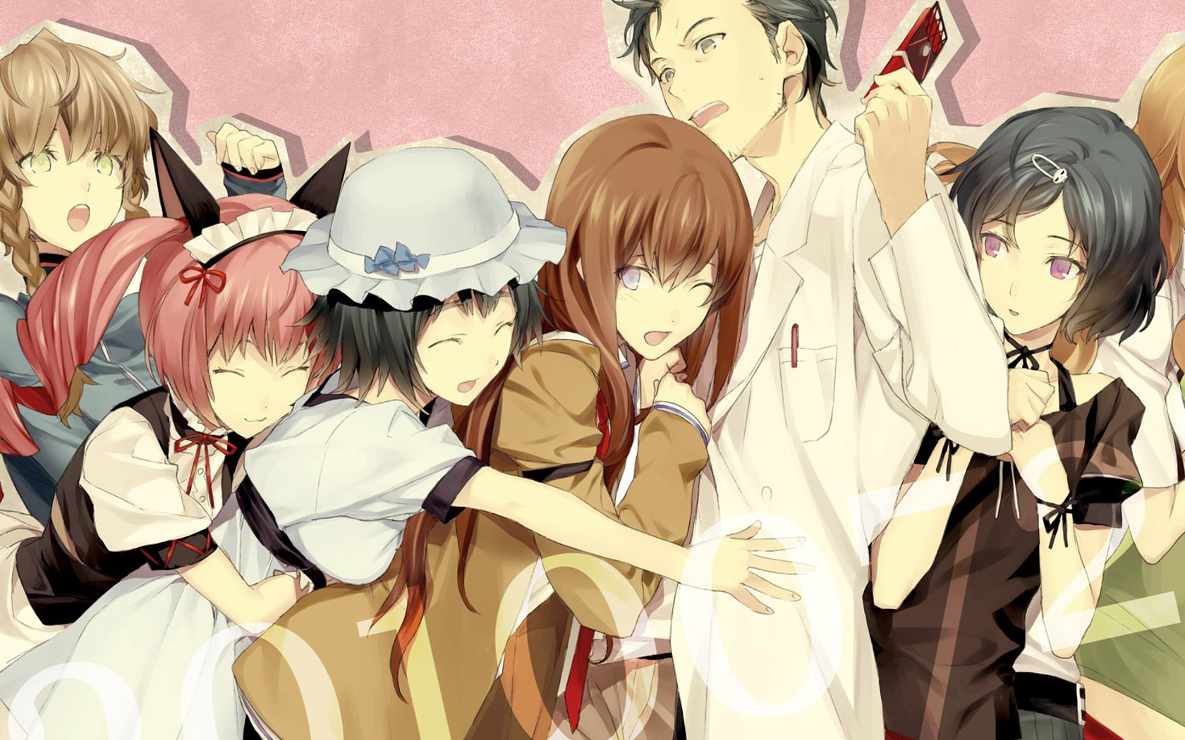 A vibrant HD wallpaper featuring characters Mayuri Shiina, Rintaro Okabe, and Kurisu Makise from the anime Steins;Gate, surrounded by their friends in a playful scene.