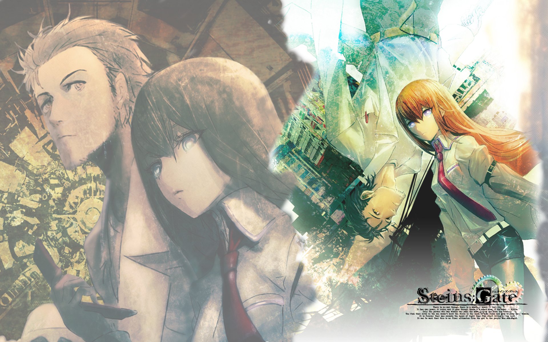 HD PC desktop wallpaper featuring key characters from the anime Steins;Gate with a blend of warm and cool tones, capturing the series' atmosphere.