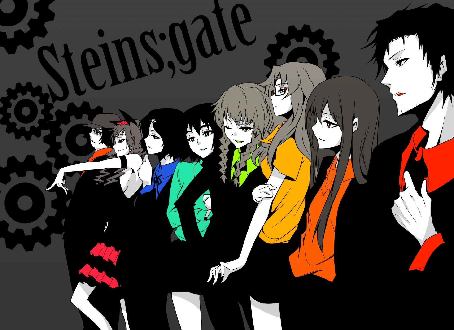 HD anime desktop wallpaper featuring the main cast of Steins;Gate, set against a backdrop of black gears and the series title in stylized text.