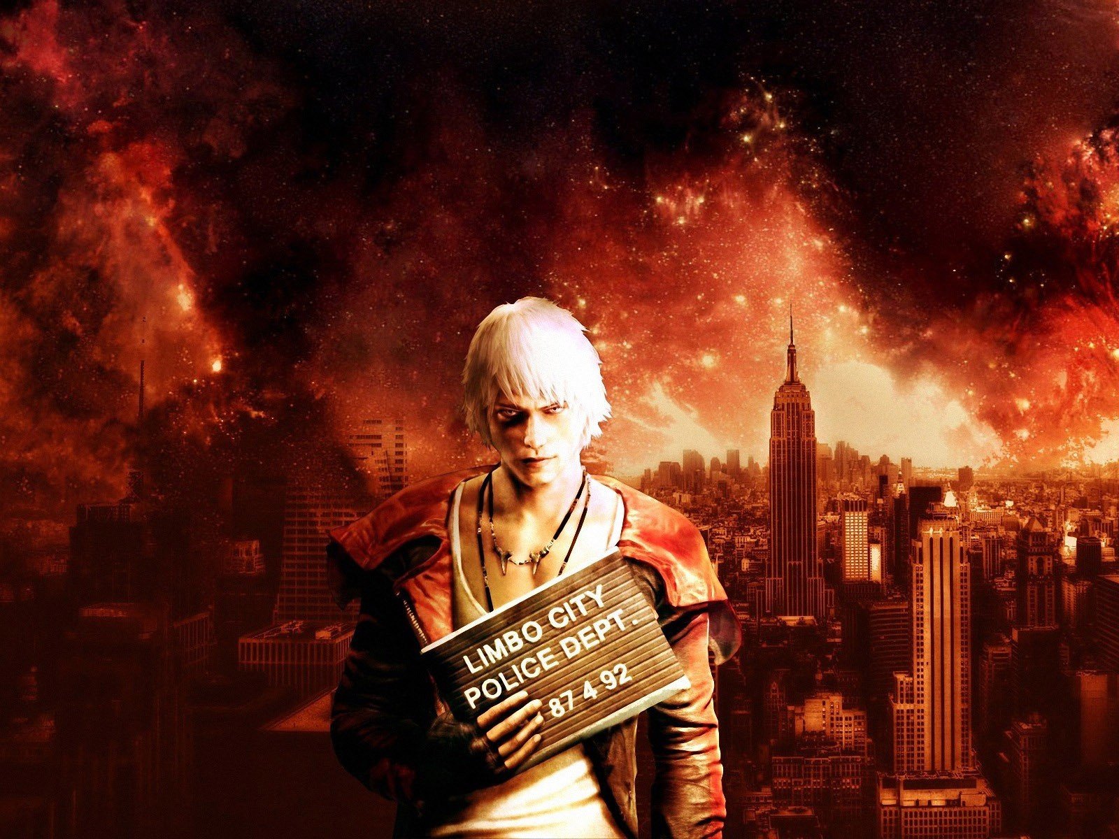 HD PC desktop wallpaper featuring a character from the video game DmC: Devil May Cry against a fiery, apocalyptic cityscape background.