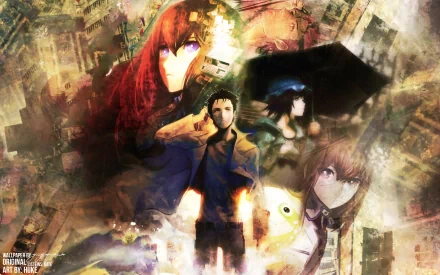 An HD desktop wallpaper featuring characters Mayuri Shiina, Rintaro Okabe, and Kurisu Makise from the anime Steins;Gate, set against a vivid, dynamic background.