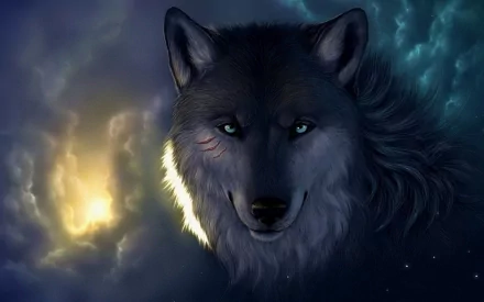 An HD desktop wallpaper featuring a mystical wolf with glowing eyes set against a cosmic backdrop, embodying the essence of the HellishWollf theme.