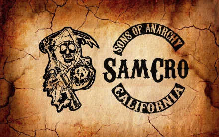 A striking HD wallpaper featuring the iconic Sons of Anarchy logo with the Grim Reaper and the text SAMCRO CALIFORNIA, embodying the show's rebellious spirit.