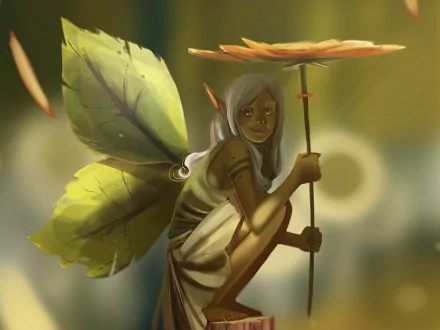 HD fantasy PC desktop wallpaper featuring a fairy with large leaf wings holding a flower umbrella, set against a softly glowing, mystical background.