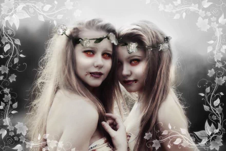 A hauntingly beautiful HD wallpaper featuring two dark, vampire-like figures adorned with floral crowns, showcasing intense red eyes against a soft, dreamy background.
