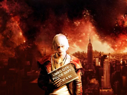 HD PC desktop wallpaper featuring a character from the video game DmC: Devil May Cry against a fiery, apocalyptic cityscape background.