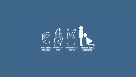 Funny HD PC desktop wallpaper: blue background with four white icons—fist (rock), open hand (paper), scissors, and a comical final icon—each labeled with playful rock-paper-scissors captions.