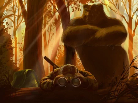 A humorous HD wallpaper featuring a hunter peering through binoculars, unaware of a massive bear looming behind him in a vibrant forest setting.