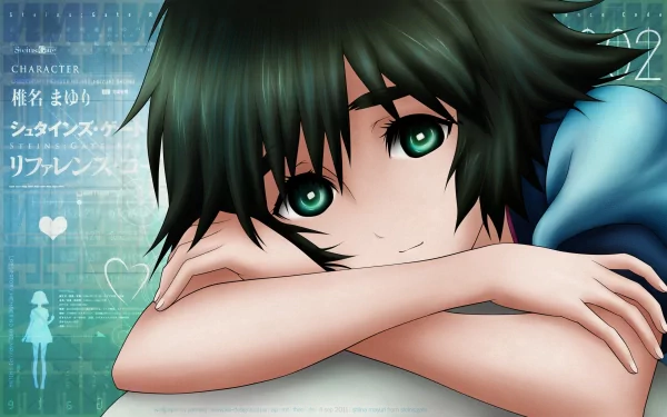 HD wallpaper featuring Mayuri Shiina from the anime Steins;Gate, showcasing her playful expression and vibrant green eyes against a digital background.