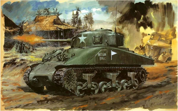 HD PC desktop wallpaper depicting a military scene with an M4 Sherman tank advancing through a battlefield with burning buildings in the background.