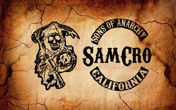 A striking HD wallpaper featuring the iconic Sons of Anarchy logo with the Grim Reaper and the text SAMCRO CALIFORNIA, embodying the show's rebellious spirit.