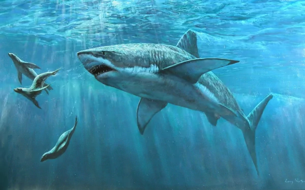 HD PC desktop wallpaper of a great white shark swimming calmly underwater alongside smaller fish in clear blue ocean water.